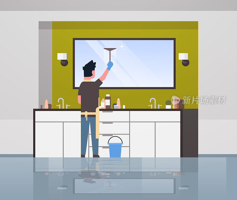 man in gloves and apron cleaning mirror with squeegee guy doing housework concept modern bathroom interior rear view male character horizontal full length